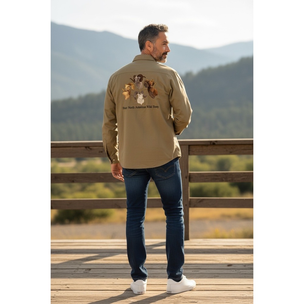 Tri-Mountain Wild Sheep Button Up Shirt Embroidered Mens XL Khaki Long Sleeve‎